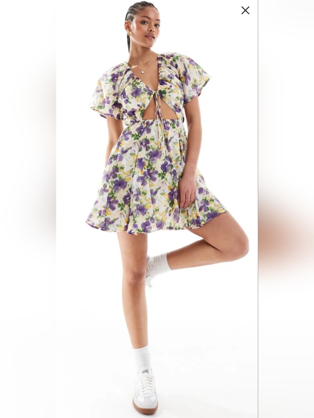 ASOS Floral Tie-Front Mini Dress in White, Purple & Yellow